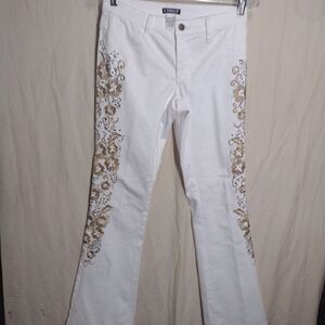 Venus White Denim Stretch Jeans Womens Sz 4 Gold Embroidered Beaded Flare Leg